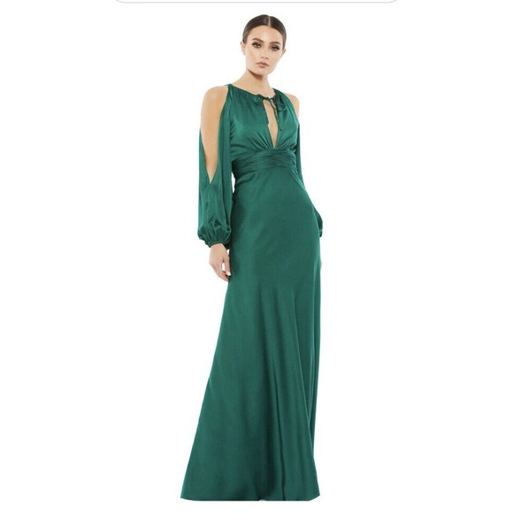 NWOT Ieena Mac Duggal Split Blouson Sleeve Kelly Green Cutout Gown Size 8 - Picture 1 of 7
